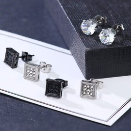 Dochais 4 Pairs Black Stud Earrings Men's Iced Out Men's Earrings Set Stainless Steel Silver Cubic Zirconia Ear Piercing Stud Allergy Free Gift for Men Women Unisex, Stainless Steel