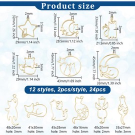 OLYCRAFT 24Pcs Cat Open Back Bezel Pendants Star with Cat Open Frame Pendant with 2mm Hole Moon with Cat Hollow Frame Pendant Alloy Dangle Pendant for DIY UV Resin Jewelry Making -Golden
