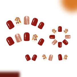Vopintpy Glitter Thanksgiving Press on Nails Short Square Fall Maple Leaf Fake Nails Red Autumn Acrylic Glue on Nail Glossy Maple Leaves Stick on Nail for Women DIY Manicure