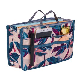 Periea Signature Purse Organizer Insert with Handles & 13 Pockets - 3 Sizes (Peach Leaves, Small)