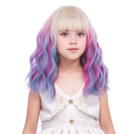 Girls Blonde Ombre Blue Pink Wig Kids Short Rainbow Wig with Air Bangs Child Colorful Wavy Curly Wigs Heat Resistant Synthetic Wigs with Cap