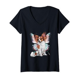 Womens Cartoon Papillon dog with butterfly wings V-Neck T-Shirt