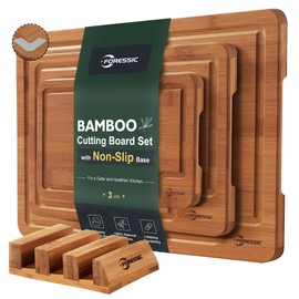 Bamboo Cutting Board Set 3 Packs with Non Slip Feet Holder and Over Sink Nice Solid Thick Durable Wood Cutting Boards for Kitchen Extra Large Small Vegetables and Fruits Kitchen Gifts (Carbonized