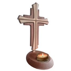 Tea Light Holder with Cross Beechwood in Modern Style