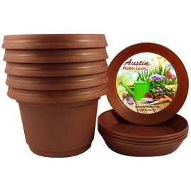 Austin Planter Pots with Saucers, 7 inch Copper Color, Case of 5, Polypropylene Flower Pot and Saucers, Household Planter & Saucer, Seed Starting Pot with Saucers