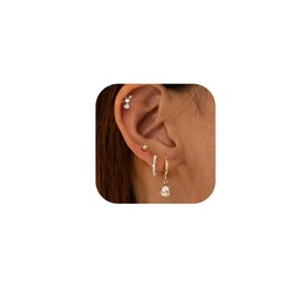FIOROYAL 4 Pairs of Piercing Ear Gold, 14 K Gold Filled Earrings Set for Multiple Ear Holes, Drop Hoop Earrings for Women, Helix Piercings, Medical Stud Earrings, Gold Silver, Stainless Steel