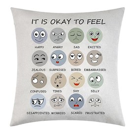 Tihnvk Mental Health Pillow Cover, Cartoon Facial Expression, 18" x 18", Multicolored, Zipper Closure, Decorative Accent for Sofas, Chairs, Beds, Cars; Home Office Decor; Dorm Room Decorations