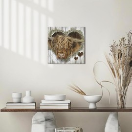 YUEYARIT Highland Cow Decor Canvas Print Art Farmhouse Picture Gifts to Hang in Bathroom, Diningroom, Livingroom, Office, Bedroom, Kitchen 12.00" x 12.00"