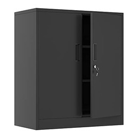 Metal Storage Cabinet with Locking Doors and 2 Adjustable Shelves, Small Lockable Steel Utility Cabinets for Home Office Garage Basement Pantry School and Workshop (Black)