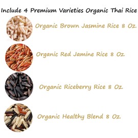 100% USDA Certified Organic Thai Jasmine Rice Gift Set - 2 Lb - Medley Rice 4 Kinds - Brown Jasmine - Red Jasmine - Black Jasmine Riceberry - Mixed Jasmine Rice