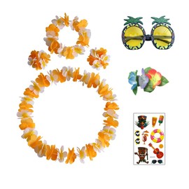 XFSRG Hawaii Necklace 7-Piece Flower Chain Set with Lei Headband Bracelet Hair Clips Pineapple Sunglasses Tattoos Decoration for Hawaiian Party Beach Party (Orange)