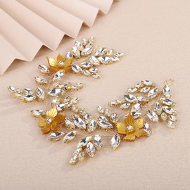 Teyglen Flower Crystal Wedding Headband Golden Rhinestone Hair Vine for Bride Wedding Hair Accessories Bridal Headpiece for Women Hair Piece (Gold, Free size)