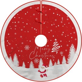 Christmas Tree Skirt, Red Xmas Tree Ornaments Linen Christmas Tree Mat with Snowy Santa Claus Pattern for Decorations Holiday Party 48 Inches(120cm)