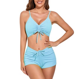 meioro Traje de baño sólido para mujer, pantalones cortos con lazo frontal, bikini de dos piezas, traje de baño atlético de cintura alta, Azul-cielo, Mediano