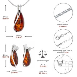 AMBEDORA Small Women's Jewellery Set Amber 598, Pendant with Necklace and Earrings, Baltic Amber, 925 Sterling Silver, Gift Idea, Sterling Silver, Amber