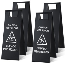 LEIFIDE 4 Pcs Stainless Steel Wet Floor Caution Sign Bulk 8.8 Pound Portable Foldable Handle Bilingual Safety Sign for Kitchen Restaurant Shop Commercial Use Avoid Fall and Slip Accident (Black)
