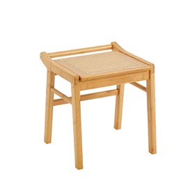 Welnow Rattan Vanity Stool, Modern Square Vanity Makeup Chair with Handle, Accent Small Bamboo Desk Stool Ottoman for Bedroom, Living Room, Entryway, Offices, Wood