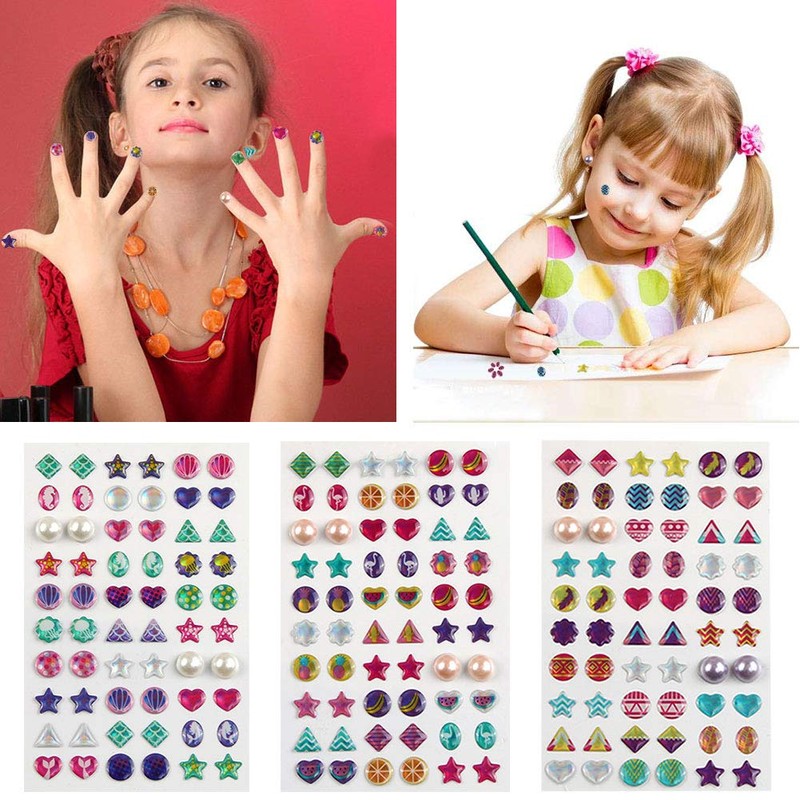 AUGSUN 240 Piece Sticker Earrings 3D Gems Girls Earrings Self-Adhesive