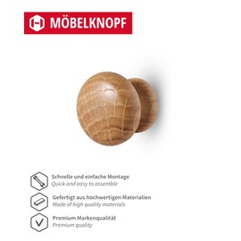 Gedotec PAOLO Furniture Knobs, Wooden Cabinet Knobs, Diameter 28 mm, Pack of 1, Unique Natural Wooden Furniture Knob, Oak Drawer Knobs, Classic Design Chest of Drawers Knobs