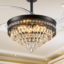 Baotree Chandelier Ceiling Fan with Lights and Remote,42 Inch Modern Flush Mount for Bedroom Indoor, Dimmable LED,Bluetooth connection,Energy Efficient Quiet Retractable Blades (Black)