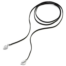 COOLSTEELANDBEYOND Womens Girls Black Wrap Choker Necklace with Leaf, Bolo Tie Necktie, Lariat Necklace, Long Necklace