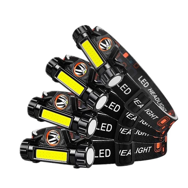 Set of 4: Stepless Dimming, Rechargeable, LED Headlight, USB, Small, Lightweight, High Brightness; Light Mode: 300 Lumens of Brightness, Switching between Light Collecting and Dissipating, 4-10 Hours
