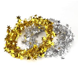 50FT Star Tinsel Garlands with Wire, Christmas Star Wire Garland Decorations for Xmas Tree Home Wedding Birtahday Party Festive Ornament, Golden and Silver, 2 Pack
