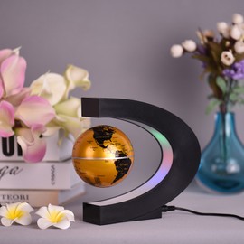 3 Inch C Shaped Magnetic Floating World Map Globe with LED Color Lights for Home Office Decoration Teaching Demo Gold, EU Plug
