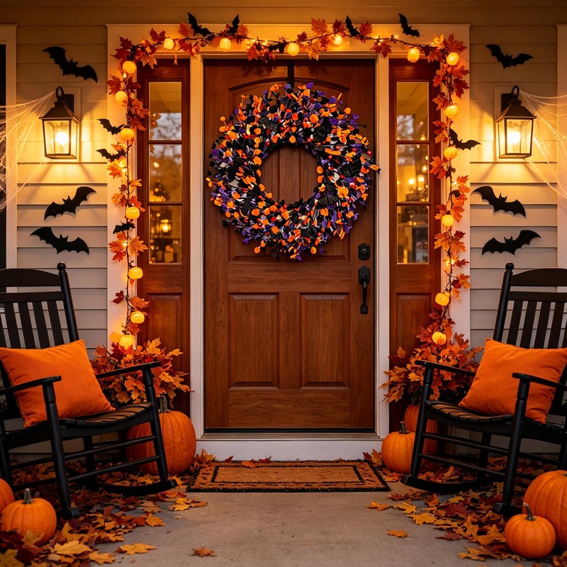 Boxwood Halloween Wreaths ，20 Inch Black Purple Orange with Bats