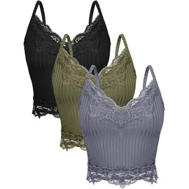 Bencailor 3 Pcs Women's Lace Tank Tops Y2k Camisole Lace Patchwork Crop Tops Grunge Style Ribbed Knitted Clothing(L,Army Green, Gray, Black)