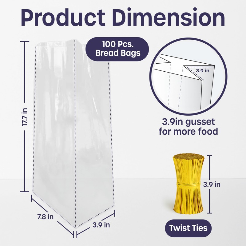 Reusable Plastic Bread Bags - 100 Pack Clear Loaf Bags