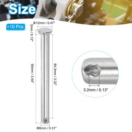 PATIKIL 8 x 90mm Single Hole Clevis Pins, 10 Pieces 304 Stainless Steel Flat Head Pin for Hitch Pin Lock Link Hinge Systems, Silver