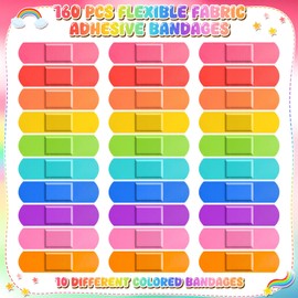 160 Pcs Kids Bandages Bulk Colorful Children's Adhesive Bandages Flexible 10 Colors Neon Waterproof Breathable Strip Protect Cuts and Scrapes for Children Toddlers, 2.83'' x 0.75''