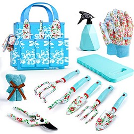 JUMPHIGH Floral Garden Tools Set, 11 PCS Heavy Duty Gardening Tools Includes Hand Trowel Rake Weeder Pruner Sprayer, Gardening Gifts for Women, Garden Kit with Storage Tote Bag and Garden Gloves