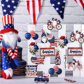 Anglechic 36 Pcs 4th of July Ornaments for Tree Patriotic Wooden American Flag Ornaments Memorial Day Tree Decorations Red White Blue Hanging Decorations for Independence Day Party(Classic)