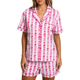 Preppy Pajamas Set for Women Summer 2 Piece Cotton Lounge Shorts Sleepwear Matching Sets Oceanic Print Pink M