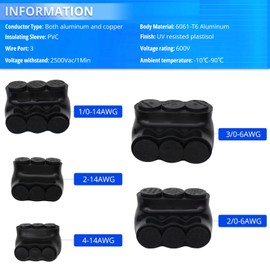 Insulated Multi Plug Connectors, 3 Port Insulated Wire Connectors, Single-Sided Entry Aluminum to Copper Wire Connector, for Rigorous Electrical and Marine Wiring（2-14AWG，1Pack）