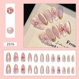 Spring Press on Almond Nails Medium Glossy Full Cover Almond French False Nails with Floral Designs Artificial Almond Shaped Fake Nails with Charms Glue Stick ons Fingernails for Women Girls(Z976)