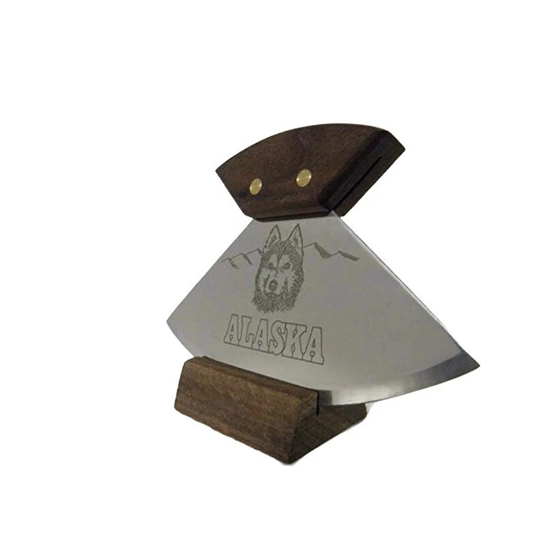 New Alaska Ulu Factory Walnut Wood Handle Knife Etched Wolf