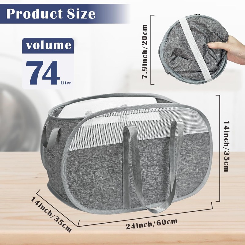 BOSNONA 2 Pack Large Collapsible Laundry Baskets 74L Pop Up