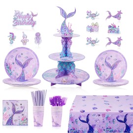 124 Pcs Mermaid Party Supplies – 3-Tier Cupcake Stand, 9" Plates, 7" Dessert Plates,Tablecloth, Napkins, Forks, Cupcake Toppers, Cups & Straws – Underwater Theme for Birthday, Wedding, Baby Shower