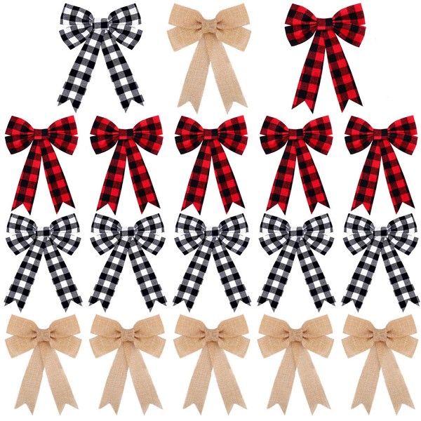 18 Pieces 5 x 7 Inches Christmas Plaid Bows Black Red Plaid Bow Black White Buffalo Plaid Bow and Burlap Bow with Wire on the Back for Christmas Tree Crafts Home Decoration DIY Making