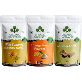 ORGANIC BACKYARD 100% Natural Wild Turmeric/Kasturi Haldi Multani Mitti and Orange Peel Powder Combo 100gm Each for Face Care