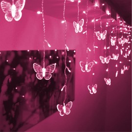Decorman Butterfly Curtain Lights, 4.9ft 48 LED USB Window Fairy Lights 10 Butterflies 8 Modes Firefly Twinkle String Lights for Room Bedroom Wall Ceiling Party Wedding Christmas (Pink)