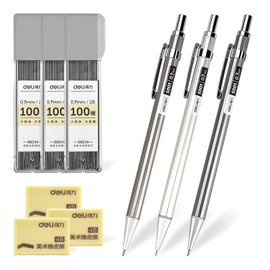 deli Metal Mechanical Pencil Set, 0.7mm 3 PCS Drafting Mechanical Pencils with 300 2B Leads & 3 Erasers, School Supplies for Art, Drafting, Writing, Students(Random Color)