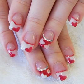 24Pcs Valentine's Day Nails French Tip Press on Nails Medium Square Fake Nails with Rhinestone Nail Tips Artificial Acrylic Nails Red White Love Heart False Nails Valentines Glue on Nails for Women