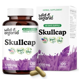 Wild & Organic Skullcap Herb Capsules 1200 mg - Calming Skullcap Supplement - 120 Capsules - Scutellaria Lateriflora Leaf Extract - 2-Month Supply - Vegan, No Fillers, Non-GMO