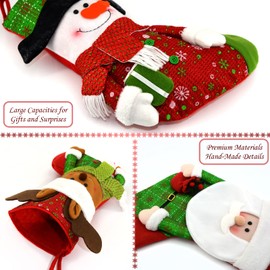 Fassory Christmas Stocking Set of 3 with Anti-Slip Hooks Hangers, Xmas Sock Gift Bag Candy Pouch Bag, Large Xmas Tree Ornament, 3D Santa Snowman Reindeer Fireplace Hanging Decors (Classic Red & Green)