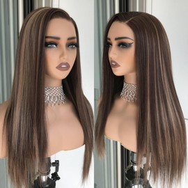 mytonecoo Wear and Go Glueless Wigs Pre Plucked Pre Cut Layered Straight Light Brown with Honey Blonde Highlights Synthetic Lace Front Wig for Women 4/27 Side Part 18 Inch