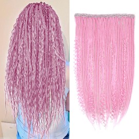 24 Inch Clip in Dreadlock Hair Extensions 10Clips Mixed Handmade Soft Curly Boho Wavy Synthetic Dreads Extensions for Women,Pink